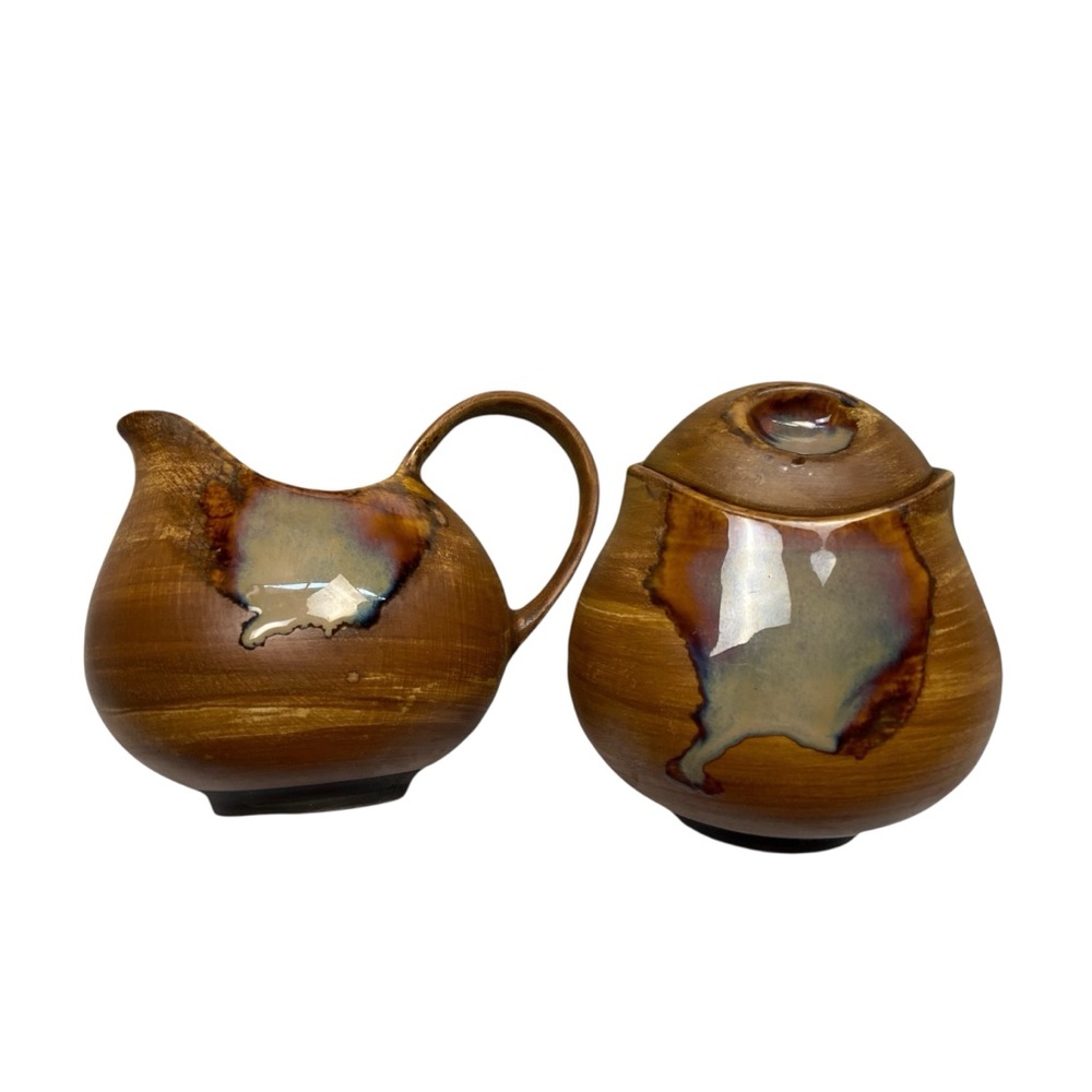 New! Sango Splash Creamer and Sugar Set Vintage Drip Glaze Stoneware